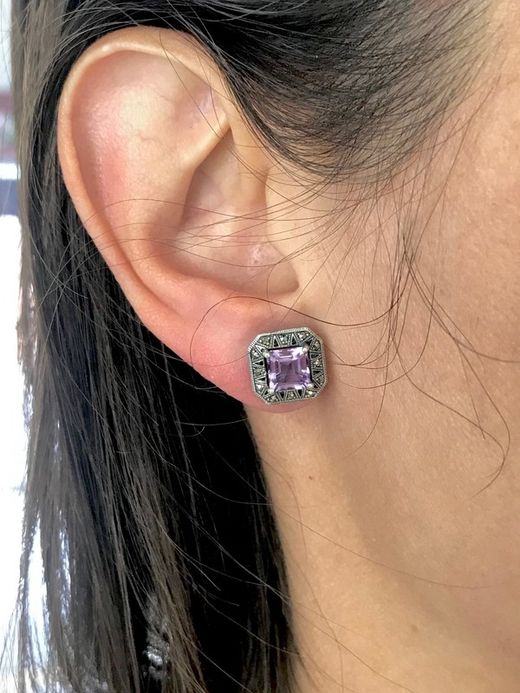 Brincos quadrados em prata de lei e ametista natural