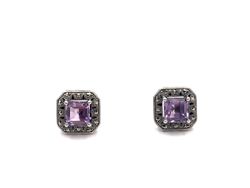 Pendientes cuadrados en plata de ley y amatista natural