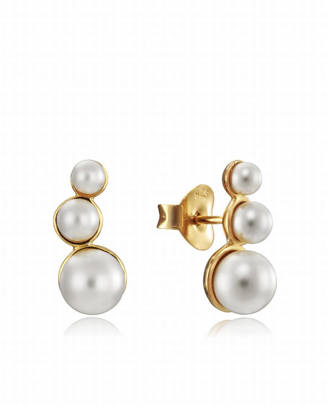 paquete Influencia manual Pendientes de plata bañado en oro con tres perlas — Miralles Arévalo Joyeros