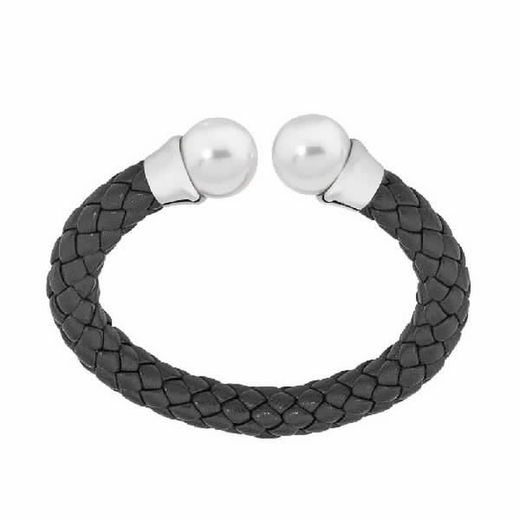 Pulsera Majorica plata rodiada con perlas y cuero