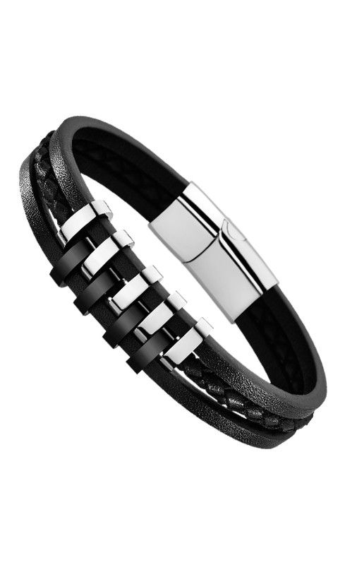 Pulseira tripla Lotus Style LS1838 em aço IP preto com couro preto