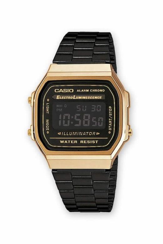 Reloj casio unisex digital A168WEGB con caja dorada y correa Ip negro