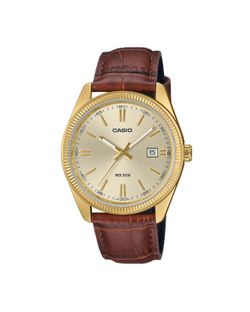 Reloj Casio con correa de piel marrón y caja dorada MTP-1302PGL