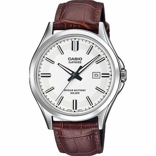 Reloj Casio de acero con esfera blanca, cristal zafiro y brazalete de piel marrón