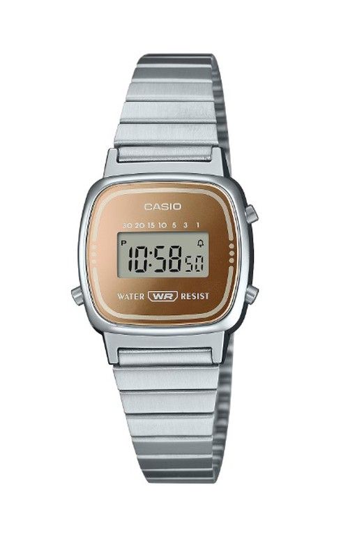 Reloj Casio digital vintage pequeño en acero, con esfera espejo rosada