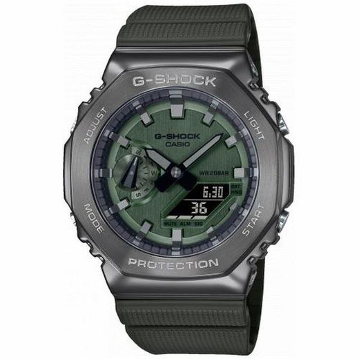 Casio G-Shock Uhr mit Stahlgehäuse und grünem Kunstharzarmband