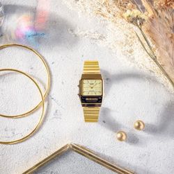 Reloj Casio unisex doble uso horario con esfera negra Gold