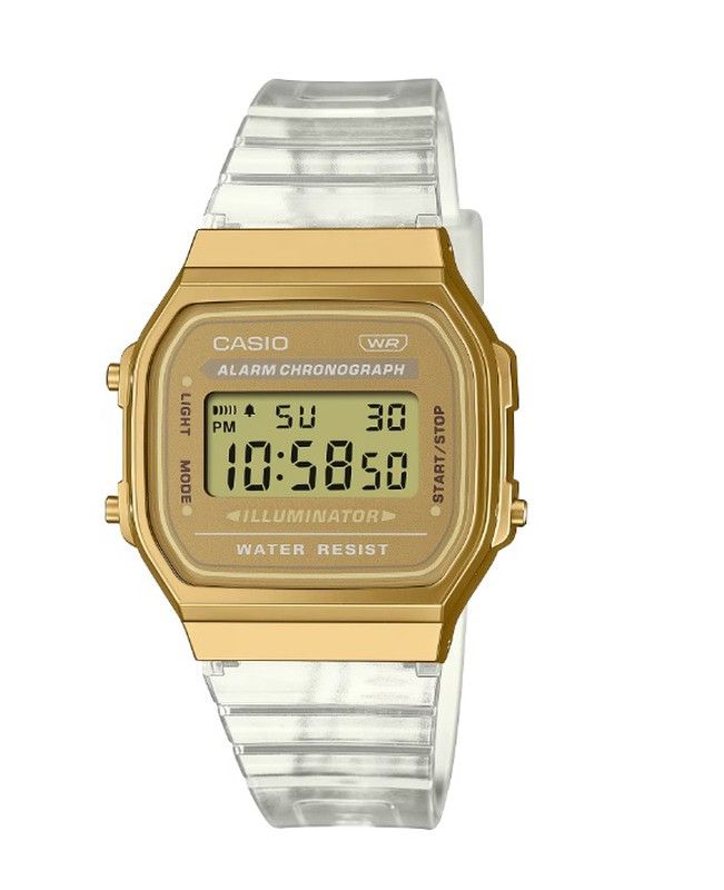Reloj Casio Unisex Vintage dorado con correa transparente A168XESG