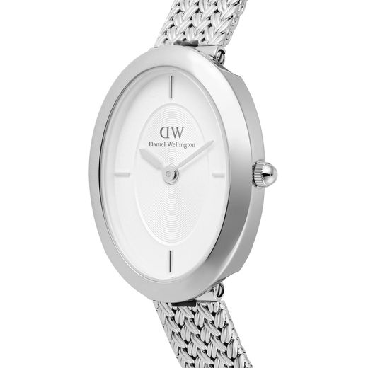 Relógio Daniel Wellington Juliette com pulseira trançada branca e detalhes prateados.