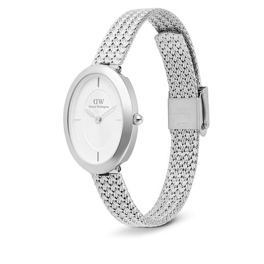 Relógio Daniel Wellington Juliette com pulseira trançada branca e detalhes prateados.