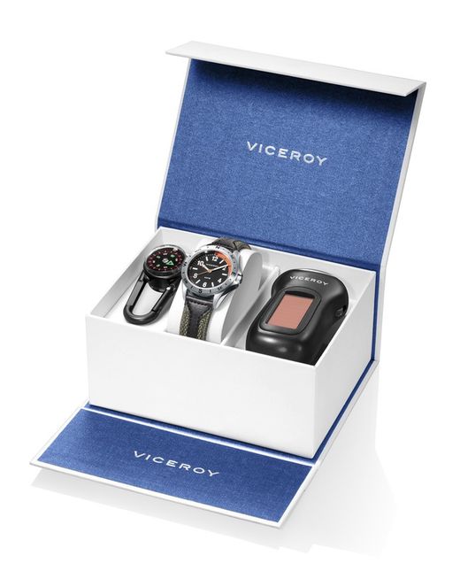 Reloj de acero con esfera negra y correa de piel, linterna y brújula de regalo