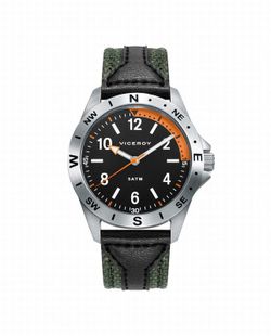 Reloj de acero con esfera negra y correa de piel, linterna y brújula de regalo