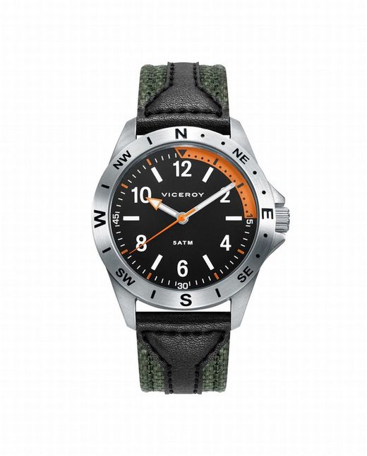 Reloj de acero con esfera negra y correa de piel, linterna y brújula de regalo