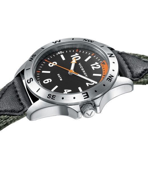 Reloj de acero con esfera negra y correa de piel, linterna y brújula de regalo