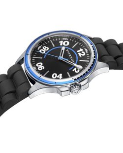 Stahluhr mit Zifferblatt und schwarzem Armband, mit Lautsprecher als Geschenk