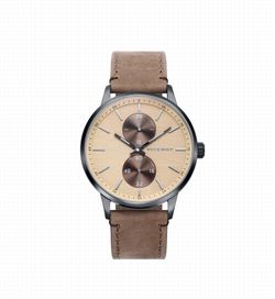 Reloj de hombre con correa piel marron, multifuncion estilo Vintage