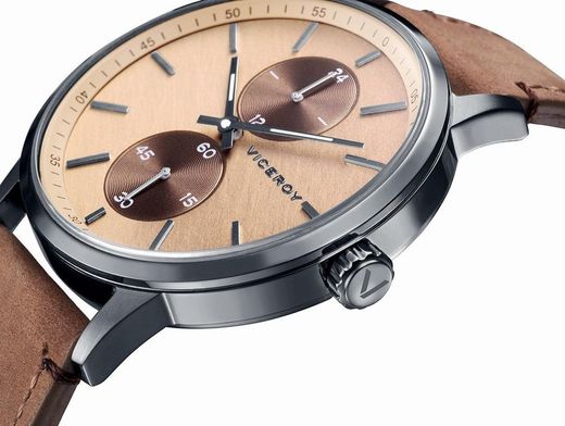 Reloj de hombre con correa piel marron, multifuncion estilo Vintage