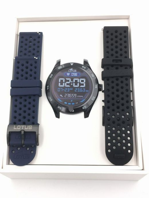 Montre pour homme Lotus smartwatch avec deux bracelets, silicone bleu et silicone noir. Avec haut-parleur et microphone.
