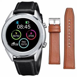 Reloj de hombre smartwatch Lotus con dos correas silicona negra combinadas con piel marrón y piel negra.