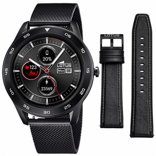 Reloj de hombre smartwatch Lotus con dos correas, silicona negra con piel negra y esterilla negra. Con altavoz y microfono.
