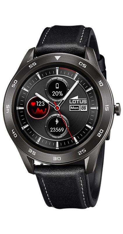 Lotus Smartwatch Herrenuhr mit zwei Bändern, schwarzes Silikon mit schwarzem Leder und schwarzem Silikon. Mit Lautsprecher und Mikrofon.
