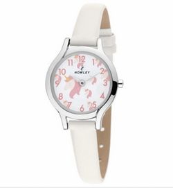 Reloj de niña con correa de piel blanca y unicornios