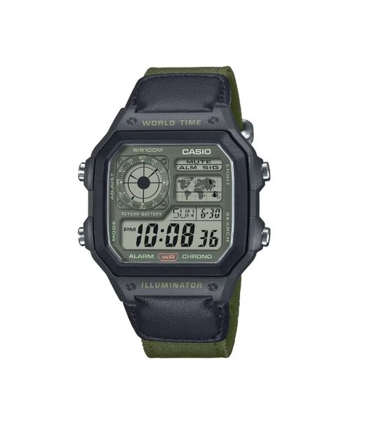 Montre numérique Casio AE-1200 avec affichage de l'heure mondiale et bracelet en nylon vert