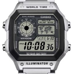 Montre numérique Casio avec heure universelle et bracelet en acier