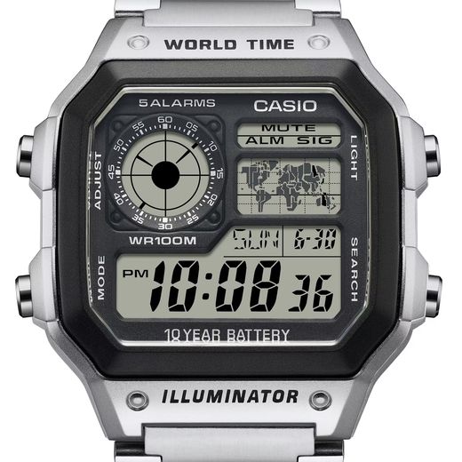 Montre numérique Casio avec heure universelle et bracelet en acier
