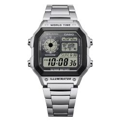 Montre numérique Casio avec heure universelle et bracelet en acier