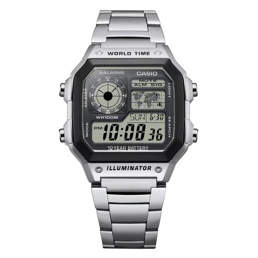 Montre numérique Casio avec heure universelle et bracelet en acier