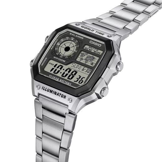 Montre numérique Casio avec heure universelle et bracelet en acier