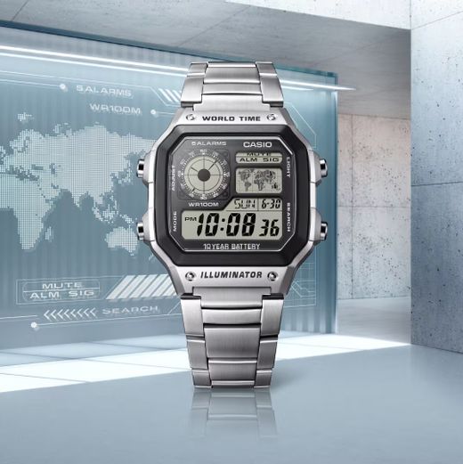 Montre numérique Casio avec heure universelle et bracelet en acier