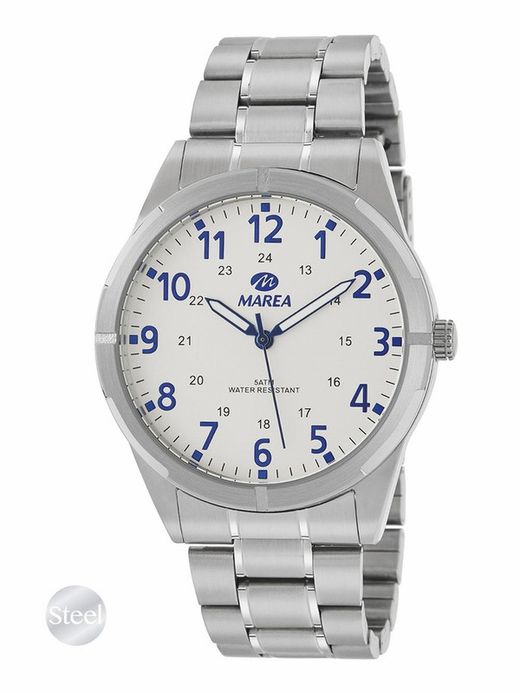 Reloj Marea de acero para hombre con esfera blanca y números azules