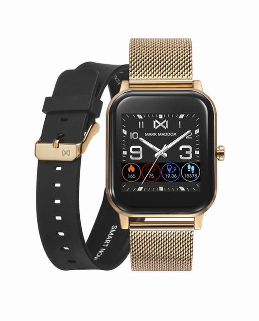 Rechteckige Smartwatch aus goldfarbenem IP-Stahl mit zwei Armbändern