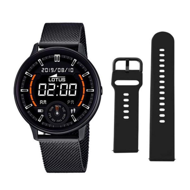 Reloj Lotus de hombre smartwatch con dos correas, silicona negra con piel  negra y silicona negra. Con altavoz y microfono.