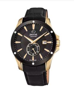 Reloj suizo Jaguar con correa de piel negra y caja combinada en dorado
