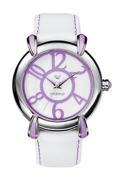 Reloj de mujer con piel blanca y esfera blanca y lila