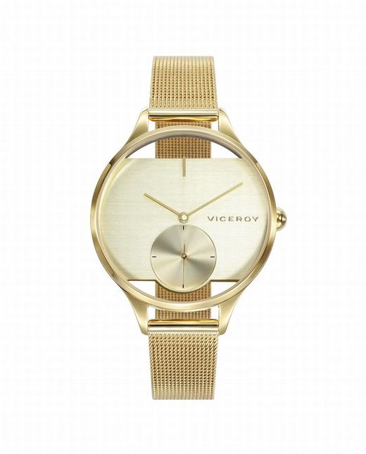 Reloj de mujer acero Ip dorado con esfera transparente