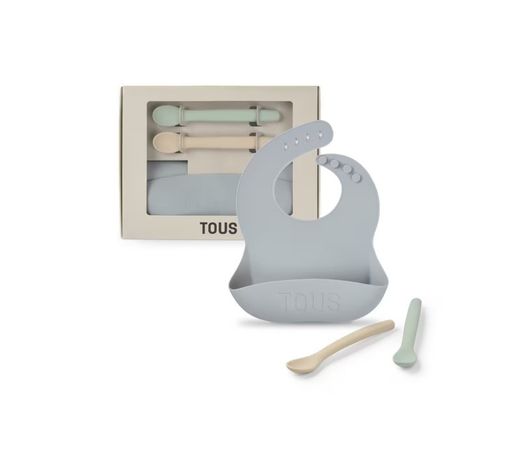 Kit repas pour bébé Tous, ensemble bavoir gris et deux cuillères